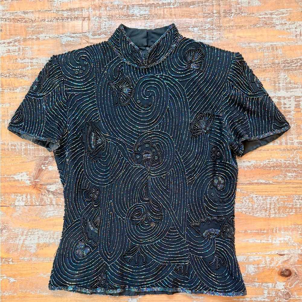 VTG Papelle Boutique 100% silk black top with beading